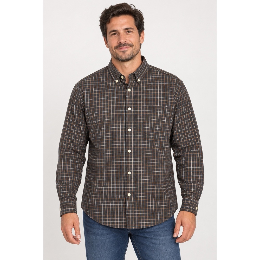 Haggar Stretch Men’s Large Black Brown Plaid Long Sleeve Button-Down Shirt